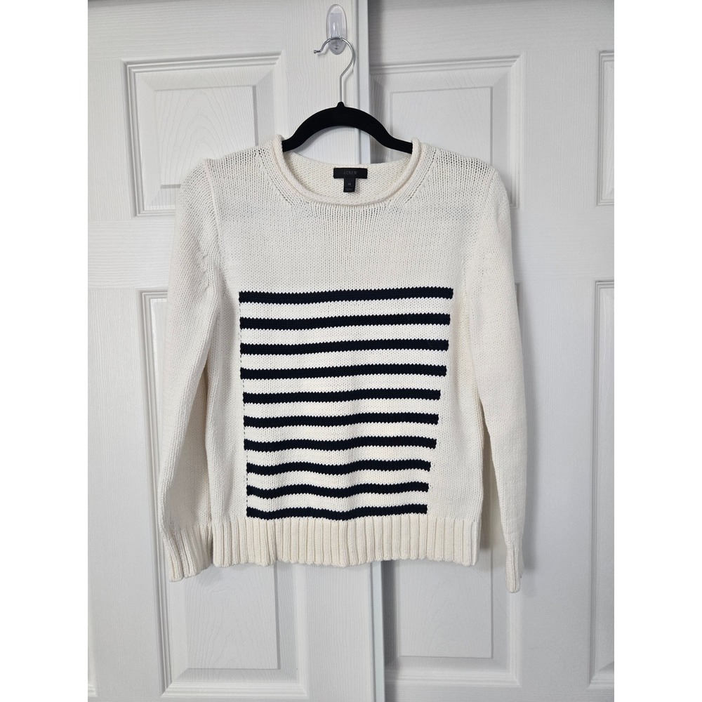 J.Crew Womens XS Ivory Navy Striped Chunky Knit Cotton Roll Neck Sweater